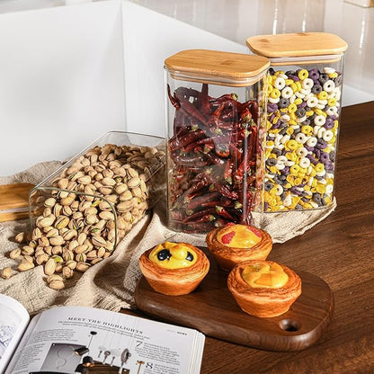 56oz Rectangle Airtight Glass Storage Containers with Bamboo Lids (Set of 3), Square Food Storage Jar, Pantry Organizers for Oats, Cereal, Pasta and Coffee beans (‎with Black Lable)