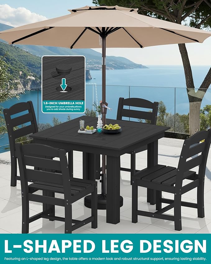 SERWALL Outdoor Dining Set for 4, HDPE Square Table and Chairs Set All Weather