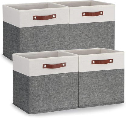 Temary 13x13 Storage Cubes 4 Pack Fabric Cube Storage Bins Large Storage Baskets with Leather Handles, Decorative Storage Boxes for Organizing Closet, Clothes, Foldable Cloth Baskets for Shelves