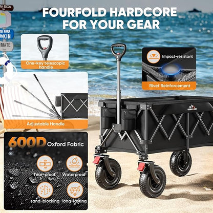 Beach Wagon with 9x3 Big Rubber Wheels for Sand, 350lbs Heavy Duty 200L Collapsible Utility Wagon, Easy Transport & Storage, Ideal for Sport, Camping, All-Terrain Outdoor Activities, Black