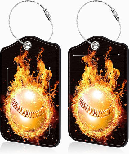 2 Pcs Baseball on Fire Luggage Tags for Suitcases PU Leather Baggage Tags Name ID Label with Privacy Cover and Stainless Steel Loop for Men Women Travel Bag Suitcase