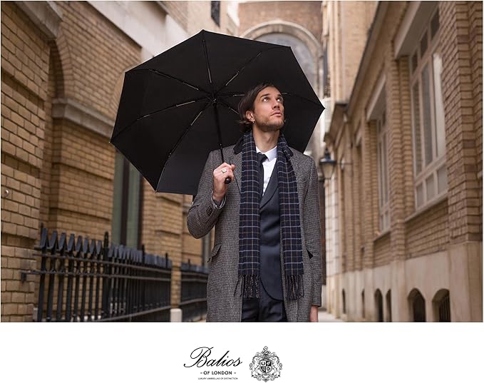 Balios Travel Folding Umbrella with Real Wood Handle Auto Open Close Vented Windproof Canopy - Designed in UK