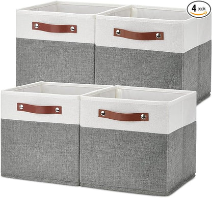 Temary Cube Storage Bins 4 Pack Storage Cubes 11×11 Fabric Storage Bins Foldable Cube Storage Baskets with Handles, Collapsible Storage Basket for Shelf (White & Grey, 11 x 11 x 11)