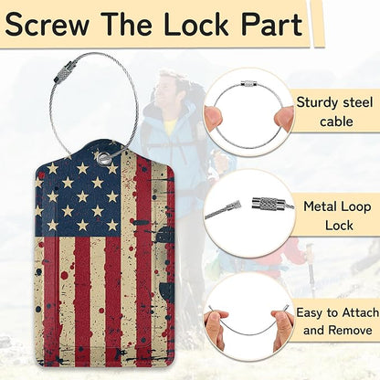 3 Pack PU Retro American Flag Leahter Luggage Tag with Stainless Steel Loop,Travel Suitcase Labels with Privacy Cover ID Label Quickly Spot for Bags