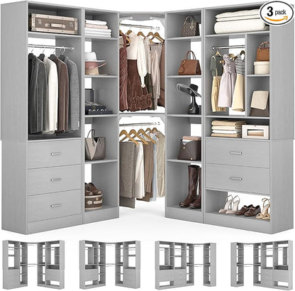 Corner Closet System with 5 Drawers, Closet Organizer System with 15+Shelvess & 4 Hanging Rods, 63.2"L * 63.2"W / 87.2"L * 39.2"W Reversible L Shaped Walk-in Closets, Load 2500+LBS, Grey