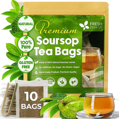 FreshDrinkUS, Premium 10 Soursop Graviola Leaf Tea Bags, 100% Natural & Pure from Soursop Leaves, Hoja Guanabana Herbal Tea. Made with Natural Material Tea Bags. No Sugar, No Caffeine, Vegan.