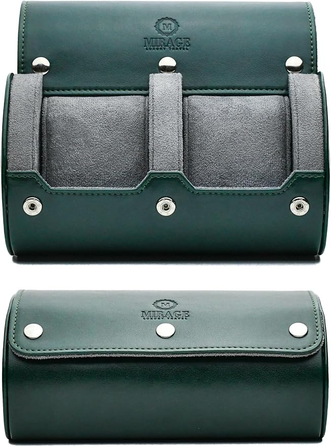 2 Watch Travel Case for Men- Watch Roll Holder and Display - Royal Green Swiss Motif Vegan Leather
