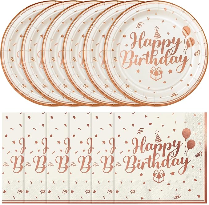 NatNarr 50 Pcs Happy Birthday Plates and Napkins Set, 7 Inch Pin Rose Gold