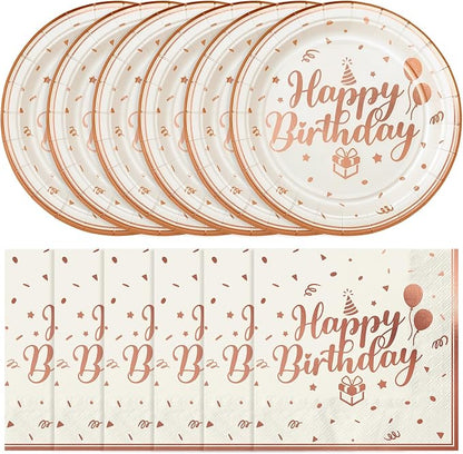 NatNarr 50 Pcs Happy Birthday Plates and Napkins Set, 7 Inch Pin Rose Gold