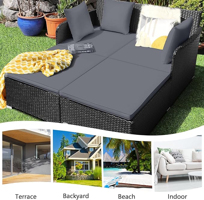 Tangkula Outdoor Rattan Daybed, Wicker Furniture