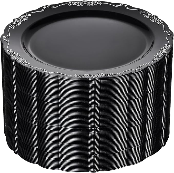 DaYammi 60PCS Black and Silver Plastic Plates, Heavy Duty Black and Silver
