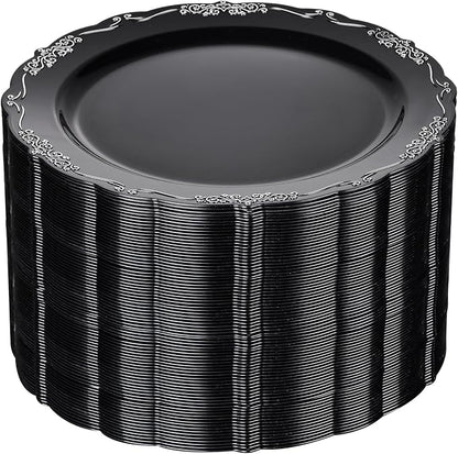 DaYammi 60PCS Black and Silver Plastic Plates, Heavy Duty Black and Silver