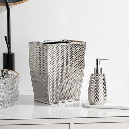 Silver Bathroom Accessories Set 3 Piece, Soap Dispenser, Toothbrush Holder and Soap Dish, Wave Design Stylish Elegant Ceramic Bathroom Decor