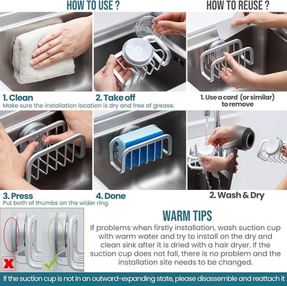 TAILI Sponge Holder for Kitchen Sink with Strong Suction Cup, Rustproof Aluminum Sink Caddy for Sponges, Removable Sponge Holder, Dish Brush for Scraper - Silver