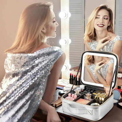 Makeup Travel Train Case with Mirror LED Light 3 Adjustable Brightness Large Cosmetic Bag Portable Storage Adjustable Partition Waterproof Make up Brushes Makeup Jewelry Gift for Women