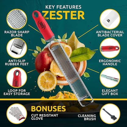 Lemon Zester & Parmesan Cheese Grater - Premium Citrus Zester Graters For kitchen W Stainless Steel, For Chocolate, Garlic, Ginger, Nutmeg, Fruits, Vegetables - Bonus Cleaning Brush & Glove