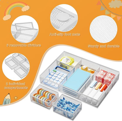 Marbrasse 3 Packs White Desk Drawer Organizers,Drawer Organizer Tray with 9 Adjustable Compartments,Junk Drawer for Makeup & Vanity, Office Desk Supplies and Accessories（White）