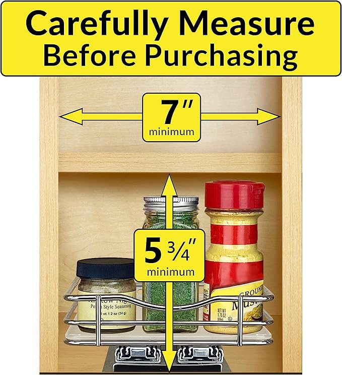 LYNK PROFESSIONAL® Pull Out Spice Rack Organizer for Inside Kitchen Cabinets - 6-3/8 inch Wide - Slide Out Drawer – Chrome Sliding Spice Cabinet Organization Shelf Racks - 1 Tier