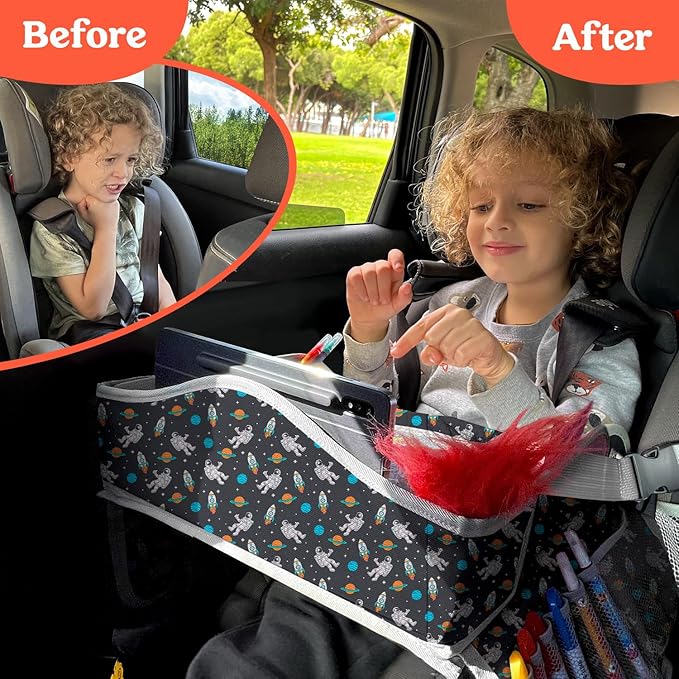 PILLANI Kids Travel Tray for Car - Car Seat Tray for Kids, Roadtrip Essentials, Carseat Table Tray for Kids Road Trip Activities - Toddler Lap Desk Organizer for Airplane