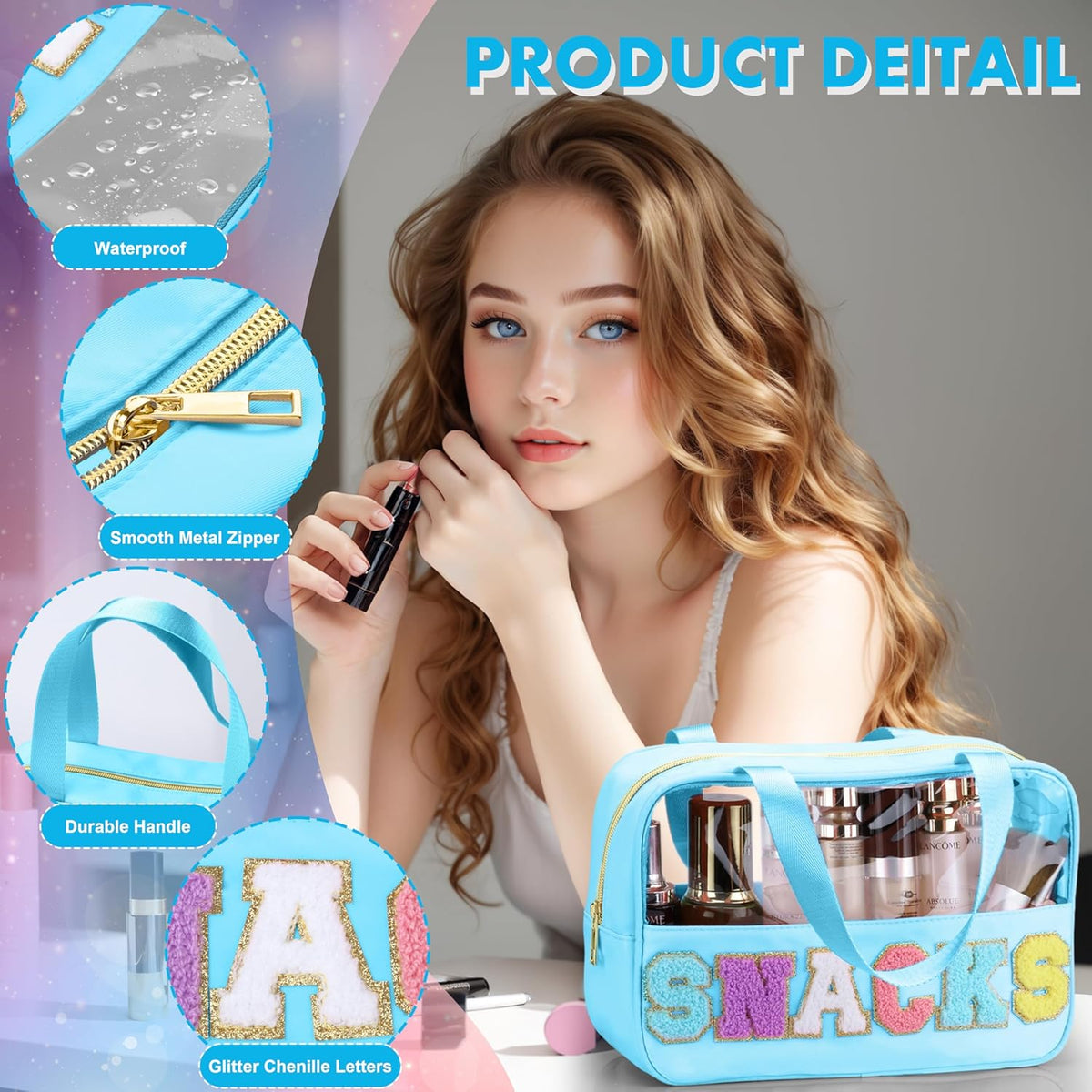Snack Bag for Travel - Chenille Letter Clear Makeup Bag, Large Preppy Patch Snack Cosmetic Bag with Handle and Zipper, Cute Makeup Pouch Nylon&PVC Waterproof Toiletry Organizer Storage for Women Girls