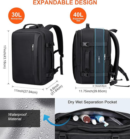 PIJUSHI Travel Backpack for Women Men Expandable Carry on Luggage Backpack Airline Approved Personal Item Laptop Bag(PE034 Black)