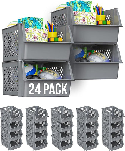 Skywin Plastic Stackable Storage Bins for Pantry - Stackable Bins for Organizing Food, Kitchen, and Bathroom Essentials (Grey - 24 Pack)