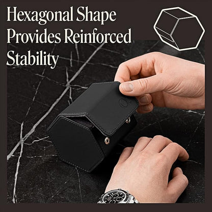 Single Leather Watch Case for Men - Hexagon Watch Roll Travel Case - Genuine Napa Leather with Luxury Velvet Interior - Storage & Display Holder for 1 Watch (Black/Charcoal)