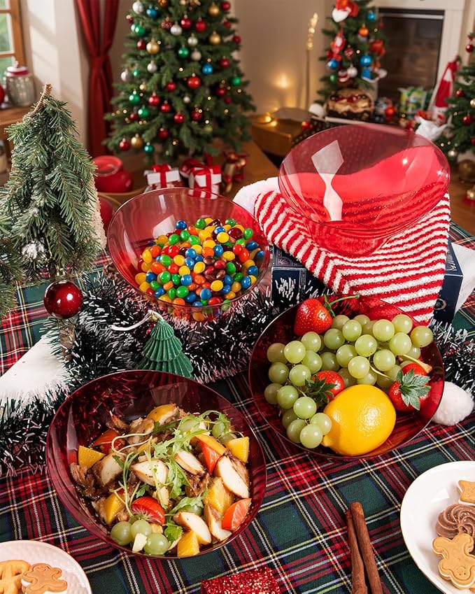 bUCLA 12 Pack Clear Red Plastic Serving Bowls - 20 OZ Christmas Angled Serving Bowls Disposable for Chip, Candy, Salad & Fruit - Ideal for X’mas Party