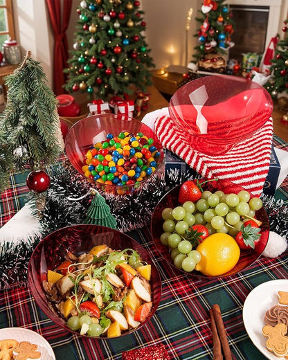 bUCLA 12 Pack Clear Red Plastic Serving Bowls - 20 OZ Christmas Angled Serving Bowls Disposable for Chip, Candy, Salad & Fruit - Ideal for X’mas Party