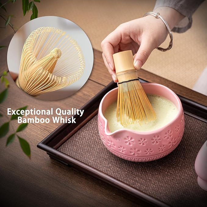 Matcha Whisk Set, Ceramic Matcha Kit Set Includes Matcha Bowl, Matcha Whisk and Holder, Bamboo Scoop, Scoop Rest, Sifter and Tea Towel - 7 Pcs Matcha Kit for Matcha Lovers (Pink)