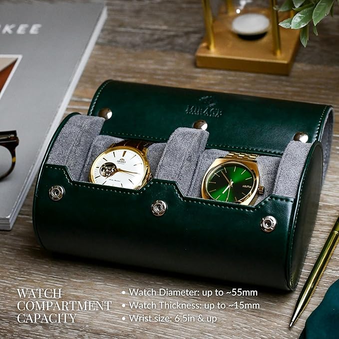 2 Watch Travel Case for Men- Watch Roll Holder and Display - Royal Green Swiss Motif Vegan Leather