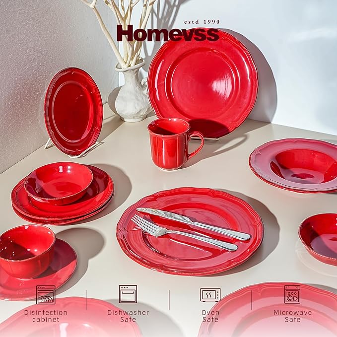 56pc Dinnerware Set, Plate and Bowl Set, Stoneware Dishes Set for 8, Microwave and Dishwahser Safe, Scratch Resistant, French Countryside Speckled Antique Red