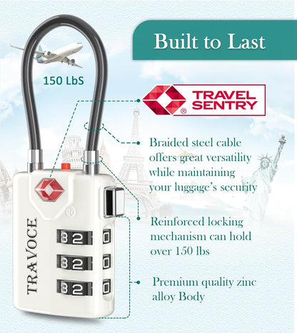 Search Alert TSA Approved Travel Combination Luggage Cable Locks for Suitcase, Gym Locker,Toolbox,Backpack 1,2,4,6 &10 pk (White 2 Pack)