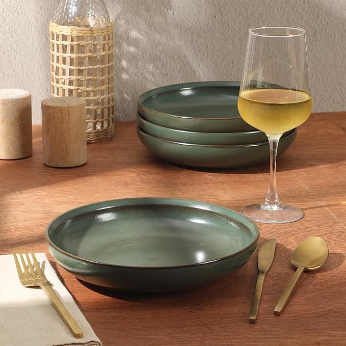 Gibson Elite Beckett 4-Piece 9 Inch Dinner Plate Bowl Set – Reactive Glaze Stoneware – Shallow Serving Pasta Bowls (Blate) – Wide-Rim Round Shape – Microwave & Dishwasher Safe - Green