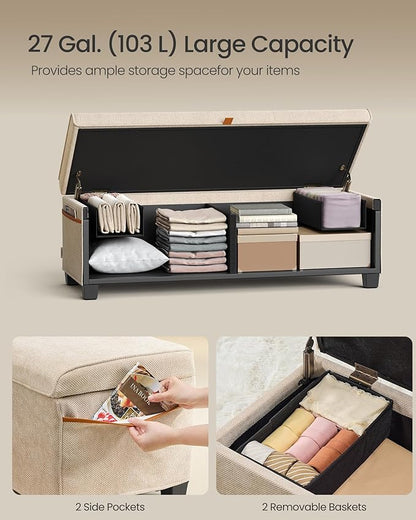 SONGMICS Storage Ottoman Bench, Storage Chest, 15.7 x 43.3 x 15.7 Inches, End of Bed Bench, 27 Gal. (103 L), for Bedroom, Entryway, Living Room, Cappuccino Beige ULSF533L01