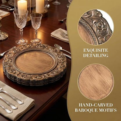 Brown Charger Plates Set of 6, Faux Wood Plate Chargers, 13 Inch Plastic Charger