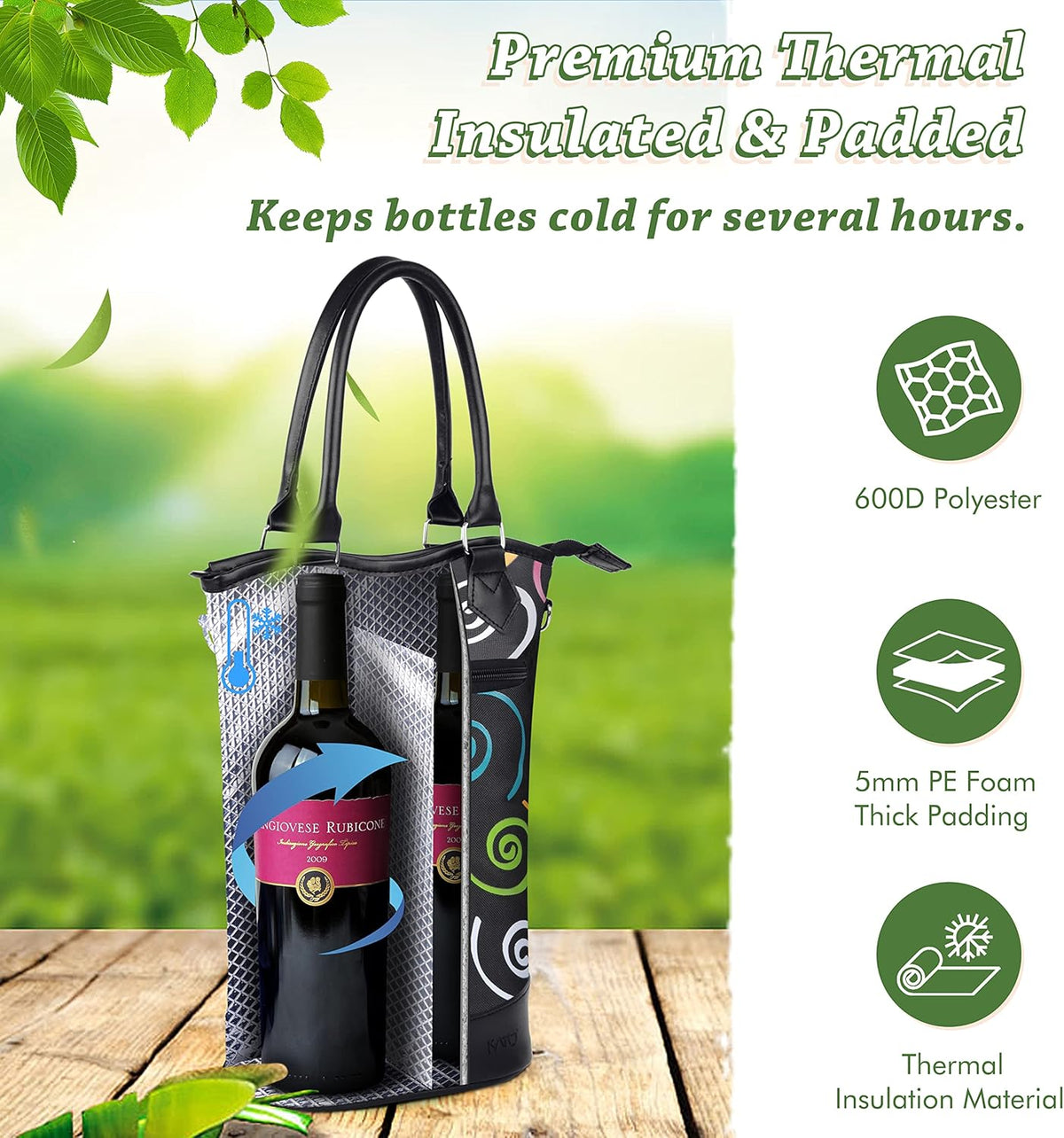 Tirrinia Insulated Wine Gift carrier Tote - Travel Padded 2 Bottle Wine/Champagne Cooler Bag with Handle and Adjustable Shoulder Strap, Great Wine Lover Gift, SPIRAL