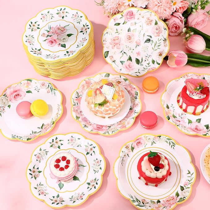 120 Pcs Spring Floral Paper Plates 7 Inch Pink Floral Party Decoration Plates