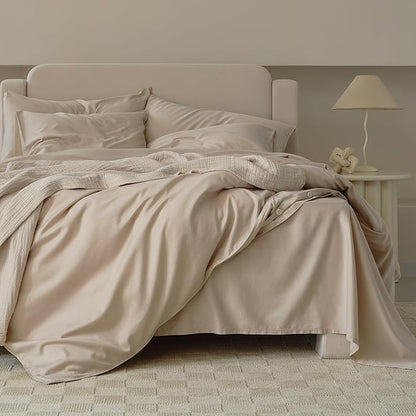Double Stitch Cotton Tencel Duvet Cover - Queen Size Comforter Cover, Luxury & Soft Eucalyptus Lyocell Bedding Set for Hot Sleepers, Cooling & Breathable, Button Closure, Sandstone, 90"x90"