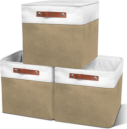 11in Open Fabric Storage Basket with Leather Handles for Organizing, Collapsible Linen Closet Bins for Shelves, Closets, Laundry, Decorative Basket for Gifts. (White＆Khaki, 3PCS/11x11in)