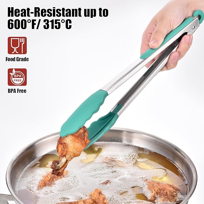 Doosu Kitchen Tongs for Cooking - 600°F Heat Resistant Food Tong with Non-Scratch Silicone Tips, Heavy Duty Stainless Steel Locking Tong for BBQ, Grilling Steak, Serving Salad, Pasta (12in, Aqua Sky)