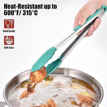 Doosu Kitchen Tongs for Cooking - 600°F Heat Resistant Food Tong with Non-Scratch Silicone Tips, Heavy Duty Stainless Steel Locking Tong for BBQ, Grilling Steak, Serving Salad, Pasta (12in, Aqua Sky)