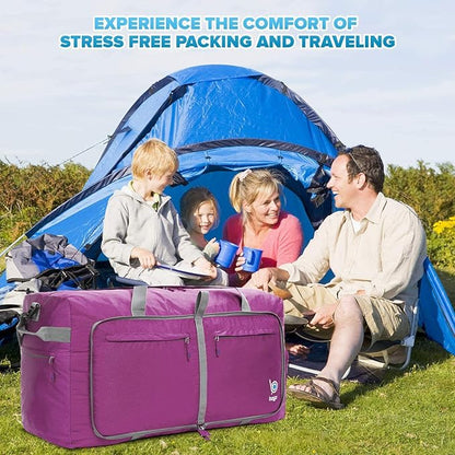 Bago Large Foldable Duffel Bags for Traveling Women & Men - 100L Packable Duffle Bag for Travel with Shoe Compartment - Water Repellant, Heavy Duty, Lightweight Folding & Collapsible (Purple)