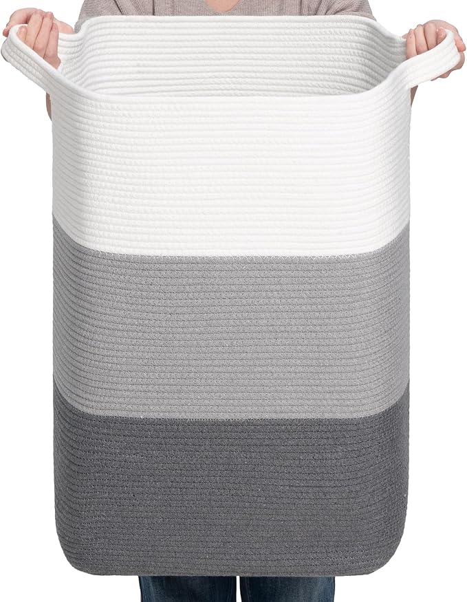 CLHMILY&Z 95L Laundry Basket Rectangular Grey Rope - 16x15x24 Inches - Dirty Clothes and Soft Storage Bin for Blankets, Toys, and Nursery Essentials