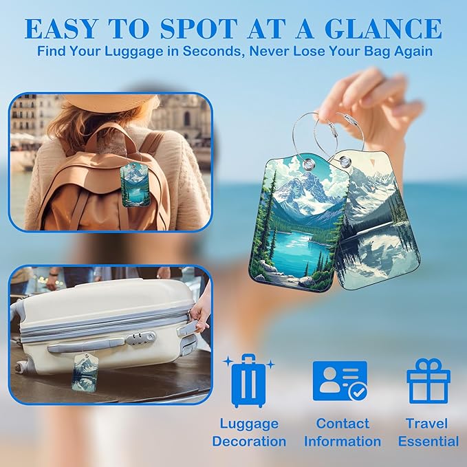 Snow Mountain Lake Forest Luggage Tags for Suitcases Leather Travel Tags for Luggage ID Label with Privacy Cover and Stainless Steel Loop for Men Women Suitcase Backpack, Set of 2
