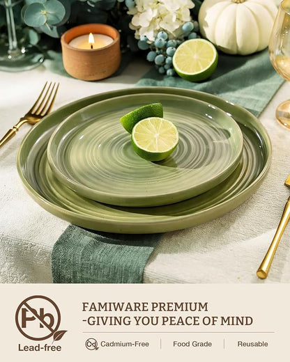 Dinnerware Sest for 8, Ceramic Plates & Bowls, Olive Green | 24-Piece Ceramic