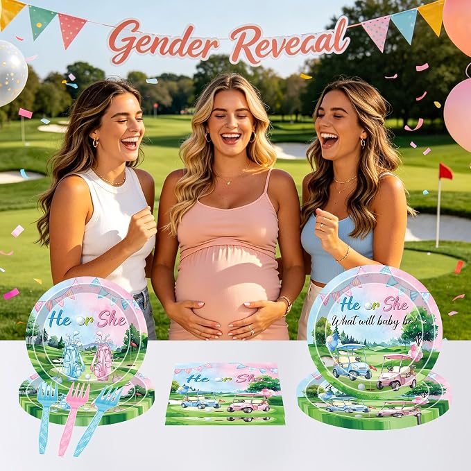96 Pcs Golf Gender Reveal Decorations, He or She Tableware Set | Golf Cart Theme