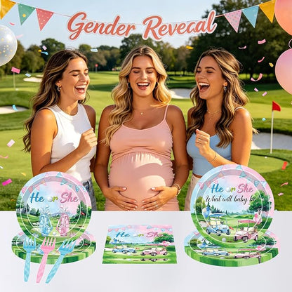 96 Pcs Golf Gender Reveal Decorations, He or She Tableware Set | Golf Cart Theme