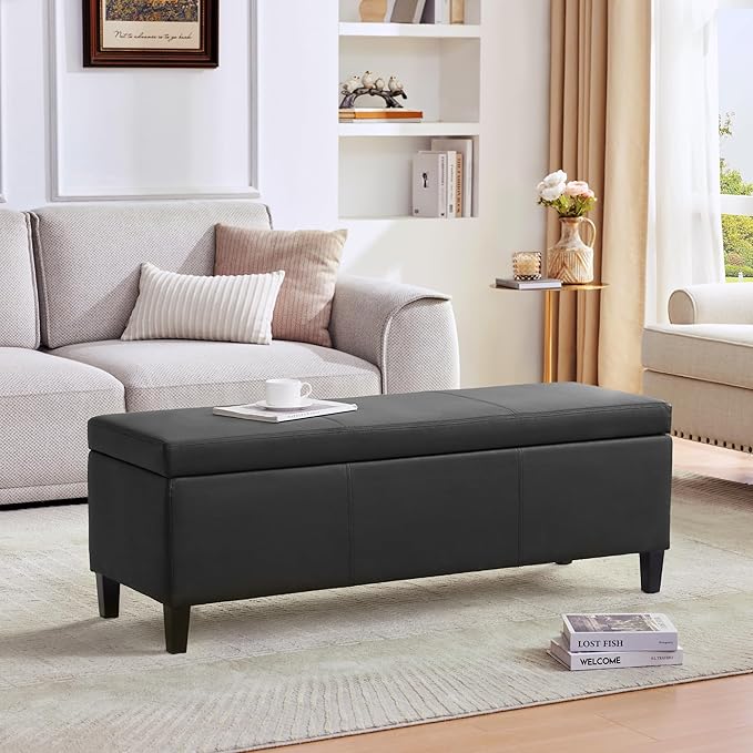 HUIMO Faux Leather Storage Ottoman Bench 50.3 Inch Extra Long PU Upholstered Bedroom Bench with Large Storage Space for The Living Room, Entryway, Bedroom Hold Up to 300lbs (Black)