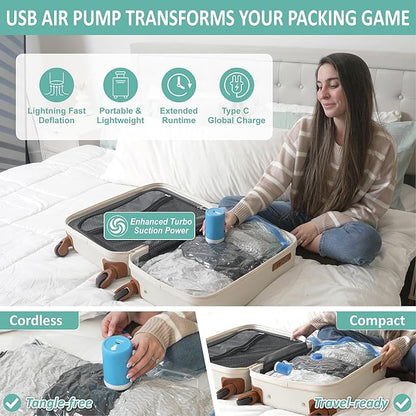 Cozy Essential Travel Vacuum Clothes Bags with Rechargeable Electric Pump for Luggage, Suitcase, Vacuum Seal Compression Space Saver Bags for Clothing, 8 Pack